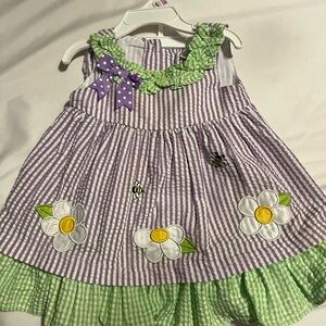 Purple and Green Striped Kids Dress with Floral Accents